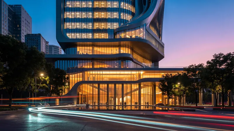 Glass tower lit at dusk with light trails on the street