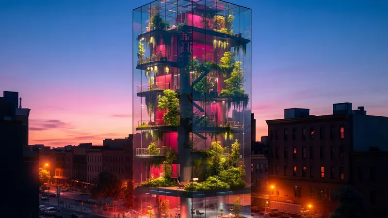 Glass greenhouse tower glowing between brick houses at dusk