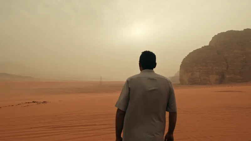 Man walking into a sandstorm in the desert
