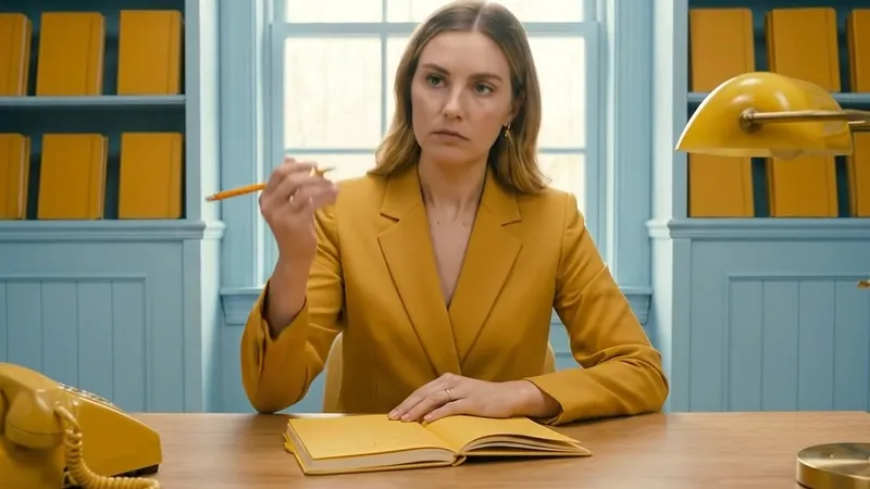 Woman in a mustard suit at a desk