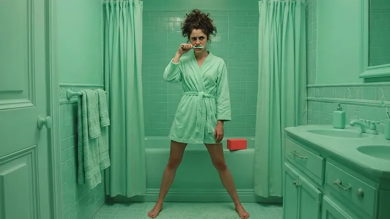 Woman in a mint bathroom