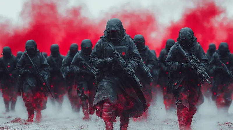 Rows of armored soldiers marching through red smoke