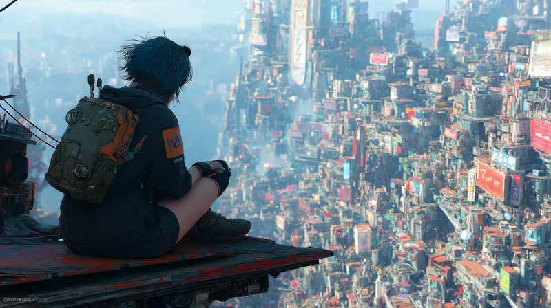 Girl with a backpack sitting on a ledge above a colorful city
